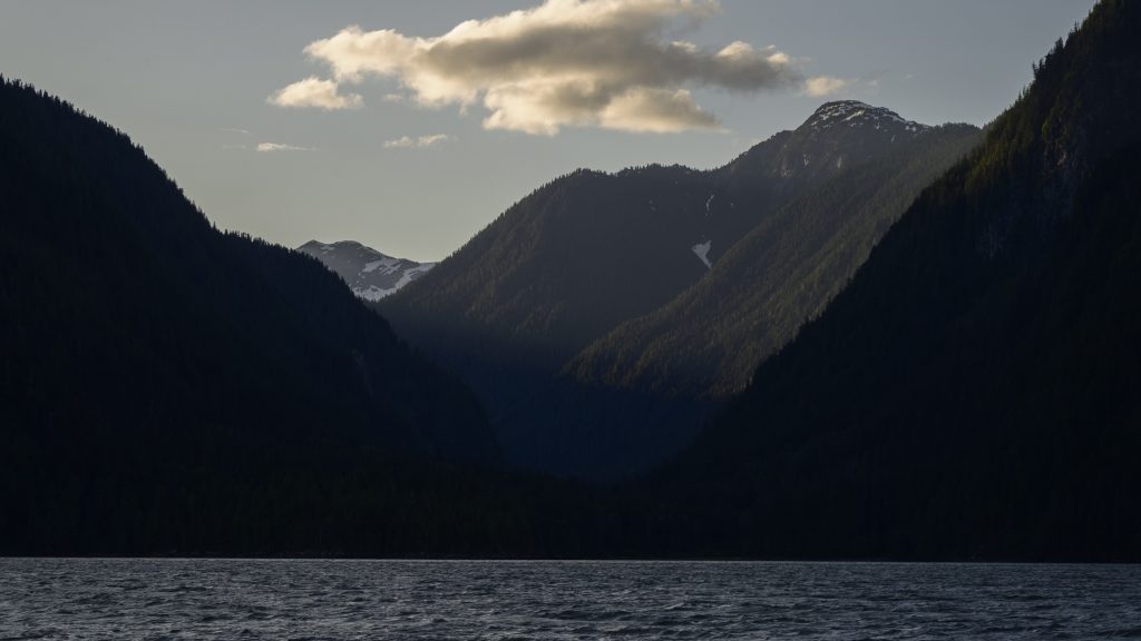 The sun dapples the higher slopes of the U-shaped Kwalate Valley, Knight Inlet.